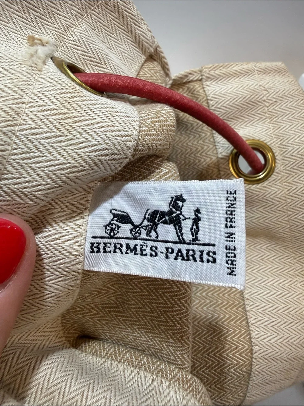Hermes Aline Beige Canvas Tote with Red Logo and Strap